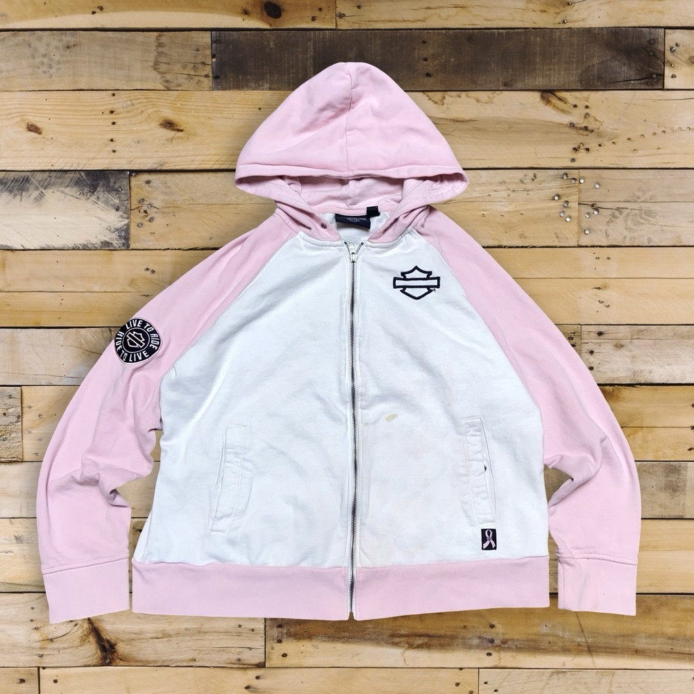 Harley Davidson Full Zip Hoodie Womens 2XL Pink White Colorblock Motor Cycles